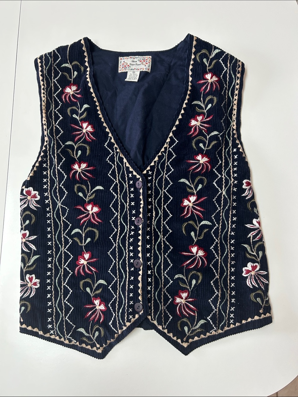 Vintage - New Direction Navy Embroidered Floral Corduroy Vest